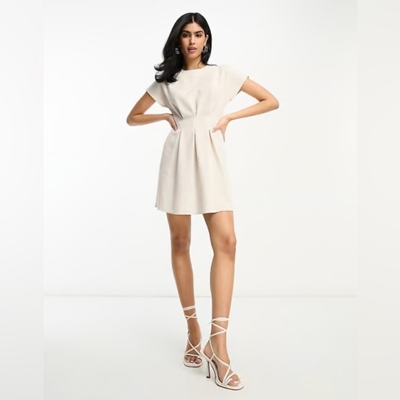 ASOS Design Nipped in Waist Mini Dress Neutral Linen Blend Size 12 - Picture 1 of 12